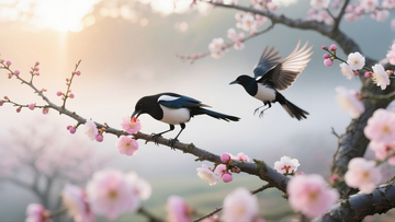 两只喜鹊在花枝上2