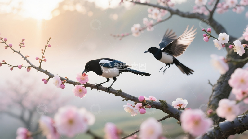 高清大图下载【趣麦麦图】两只喜鹊在花枝上2
