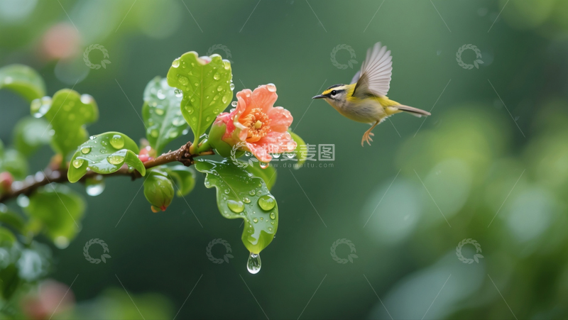 高清大图下载【趣麦麦图】小鸟飞在石榴花旁1