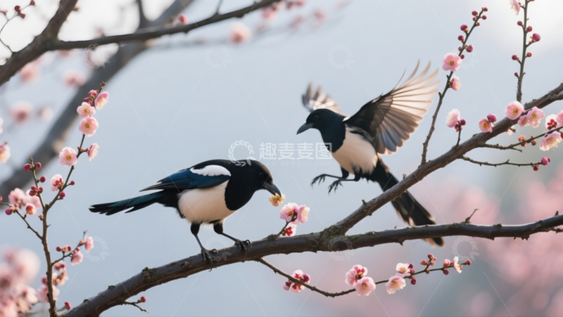 高清大图下载【趣麦麦图】两只喜鹊在花枝上