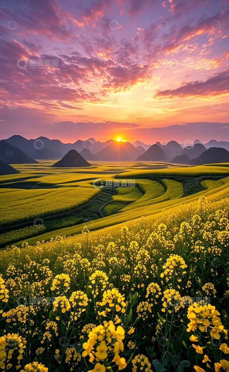 高清大图下载【趣麦麦图】夕阳下的油菜花田1