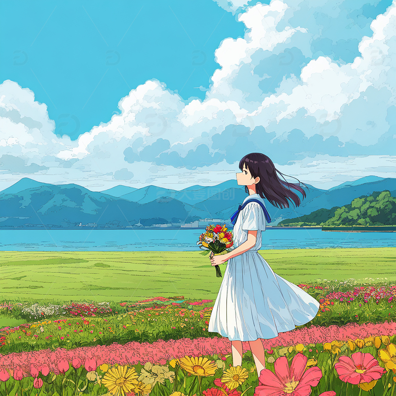 日系动漫风海边的少女