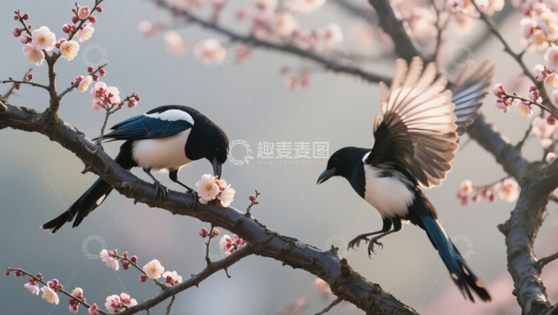 高清大图下载【趣麦麦图】两只喜鹊在花枝上3