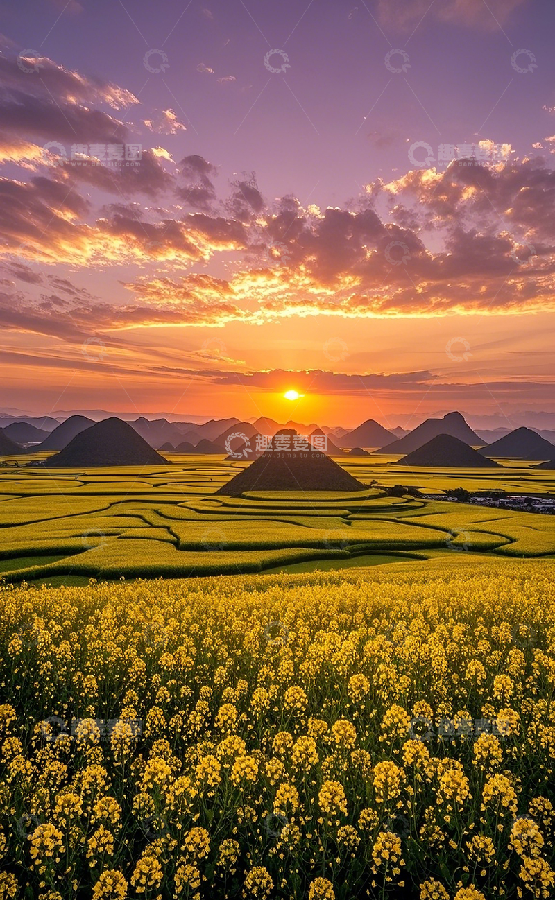 高清大图下载【趣麦麦图】夕阳下的油菜花田