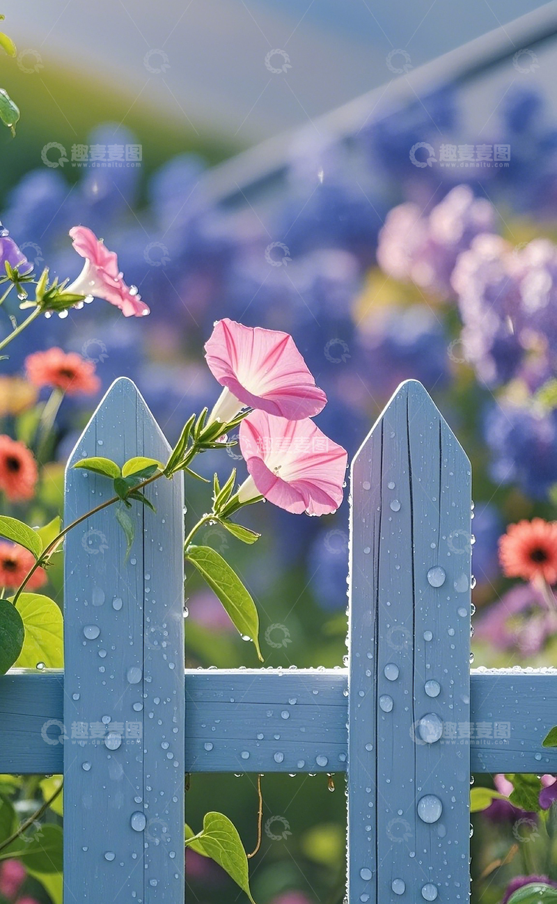 高清大图下载【趣麦麦图】蓝色木栅栏边的喇叭花