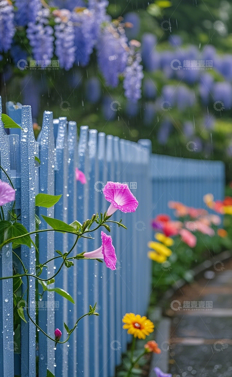 高清大图下载【趣麦麦图】蓝色木栅栏边的喇叭花2