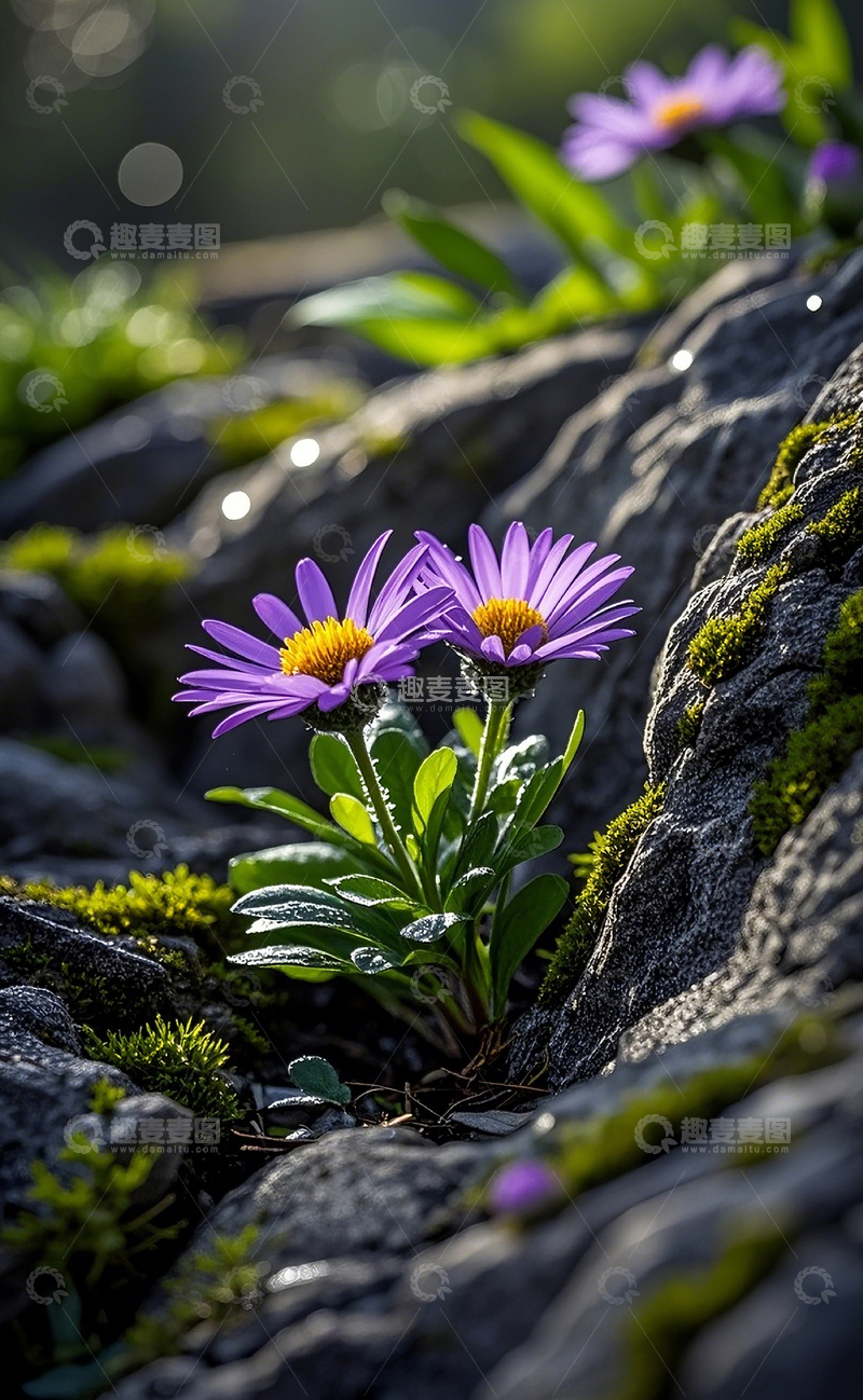高清大图下载【趣麦麦图】裂缝中生长的紫色雏菊