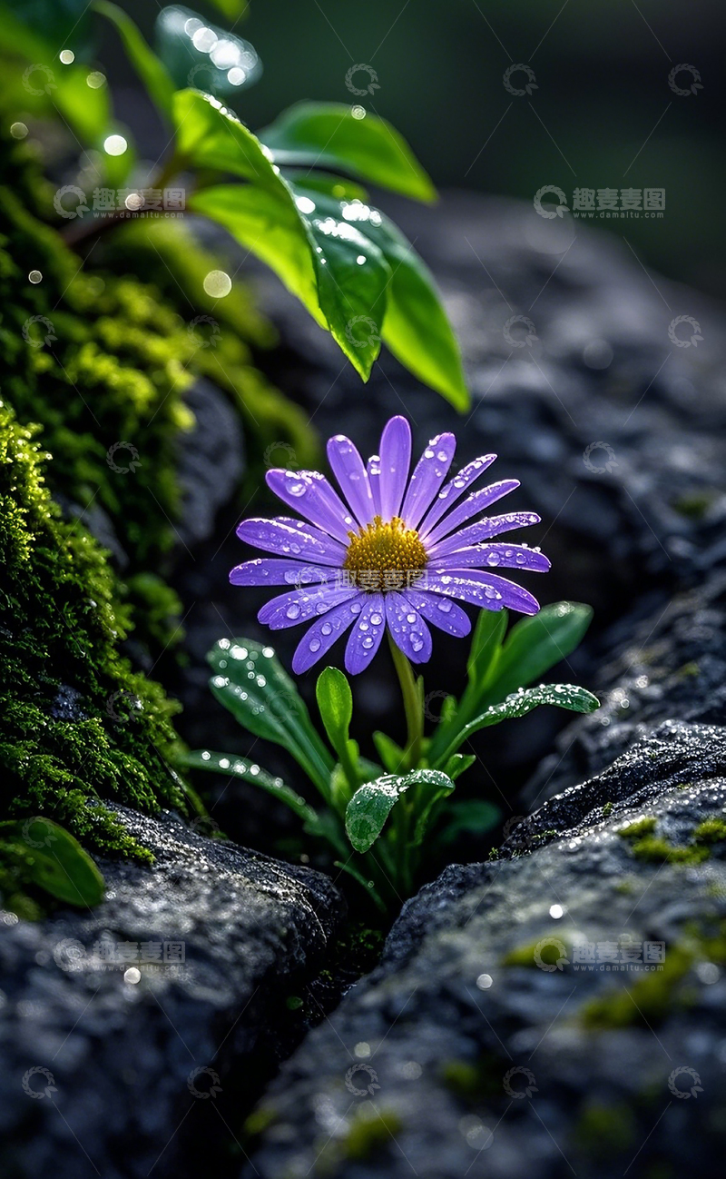 高清大图下载【趣麦麦图】裂缝中生长的紫色雏菊1