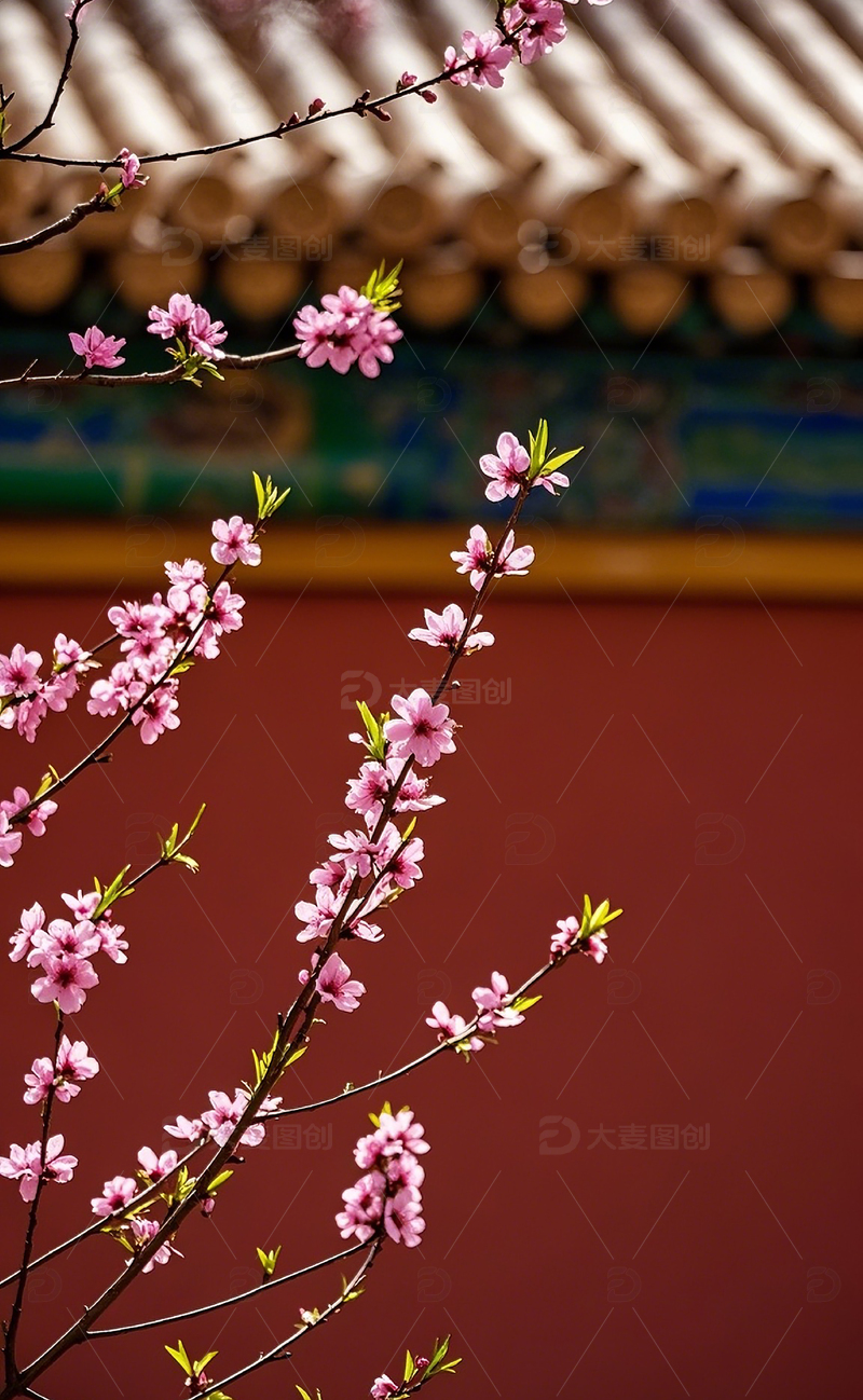 高清大图下载【趣麦麦图】红墙边的桃花2
