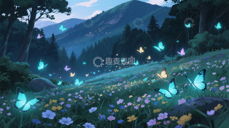 高清大图下载【趣麦麦图】蝶舞繁花的山林夜景