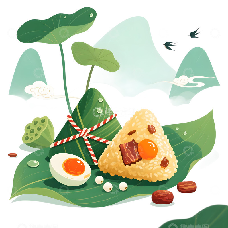 高清大图下载【趣麦麦图】端午荷风粽叶飘香端午插画图
