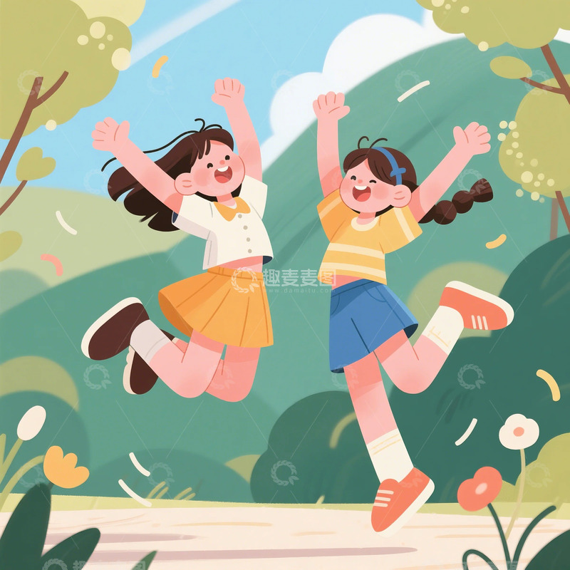高清大图下载【趣麦麦图】青年节节日开心跳跃的两个女孩