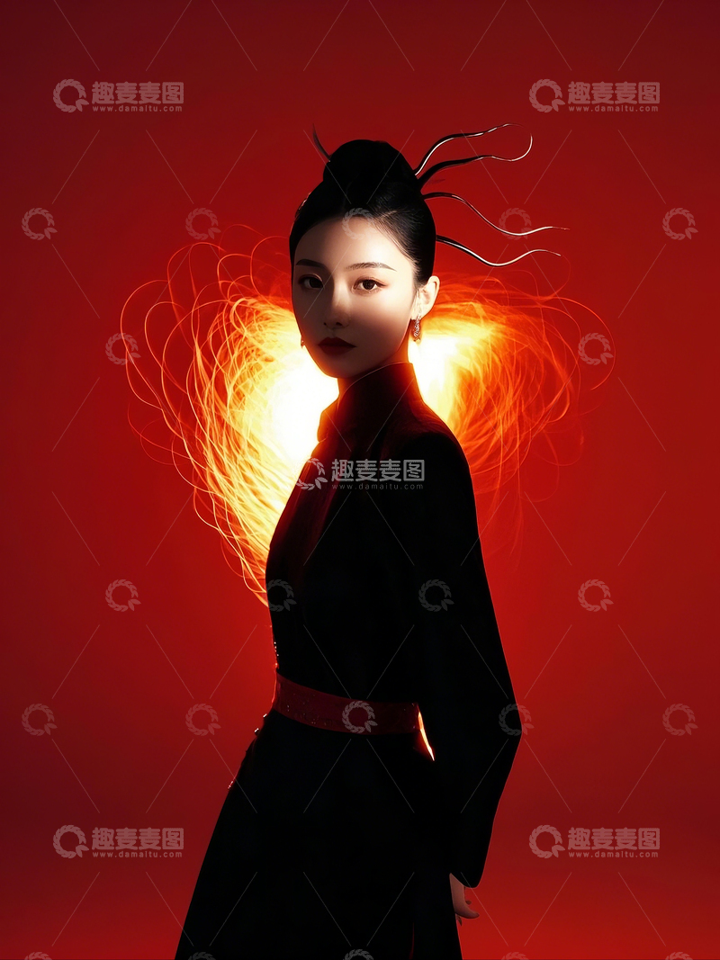 高清大图下载【趣麦麦图】红色背景黑衣簪发中国风女子