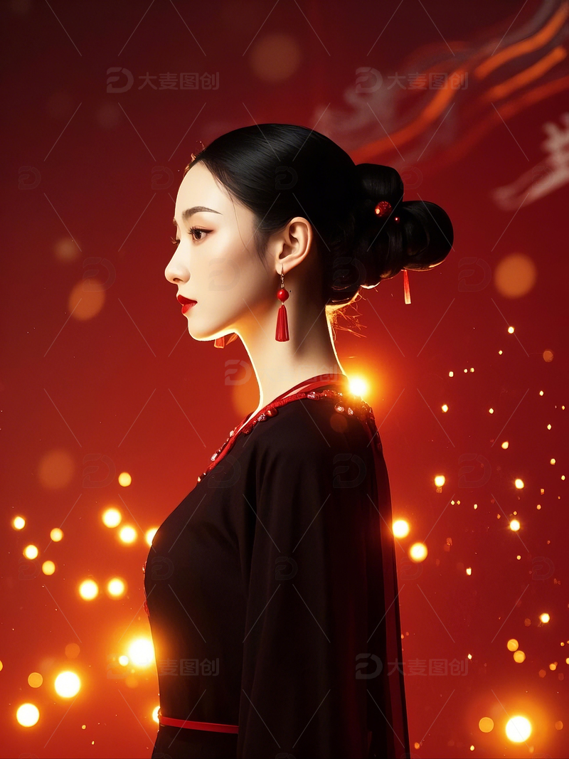 高清大图下载【趣麦麦图】红色背景黑衣盘发中国风女子