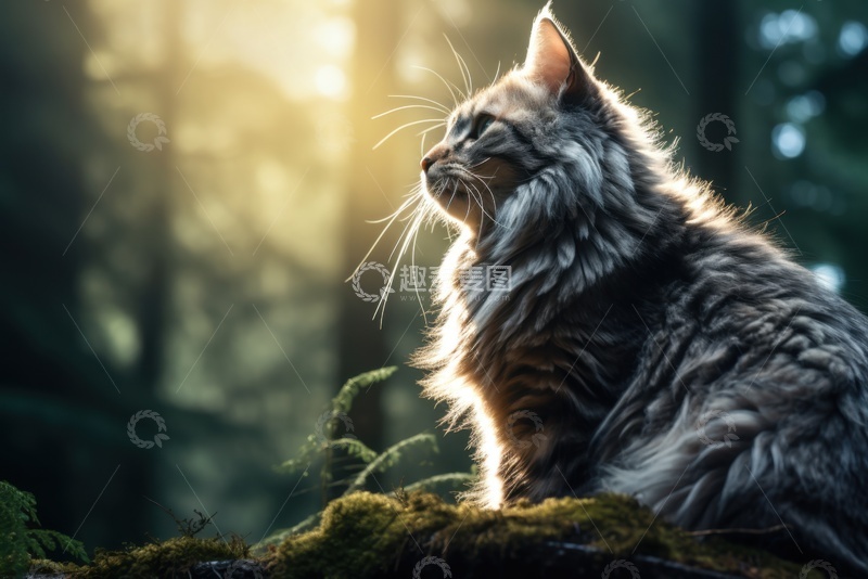 高清大图下载【趣麦麦图】-坐在森林的大猫咪