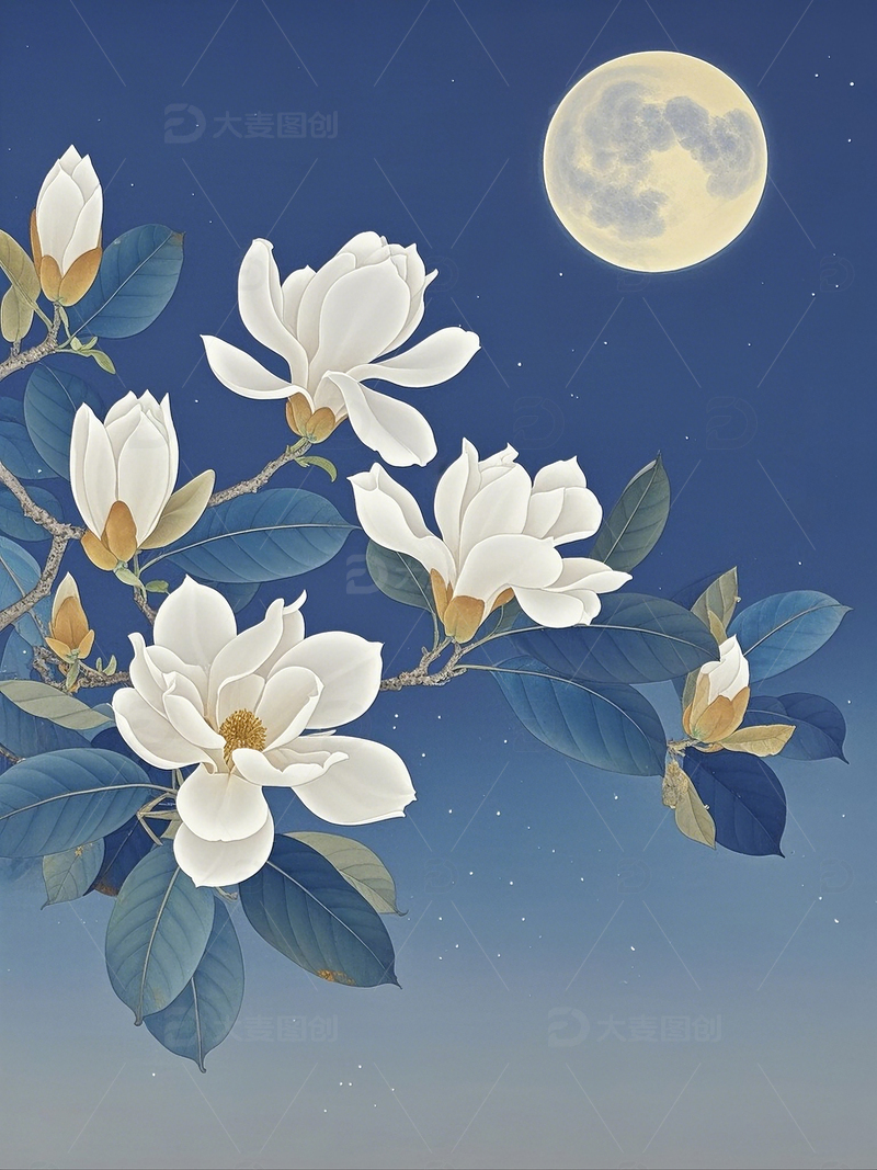 蓝色色调工笔画白玉兰插画1