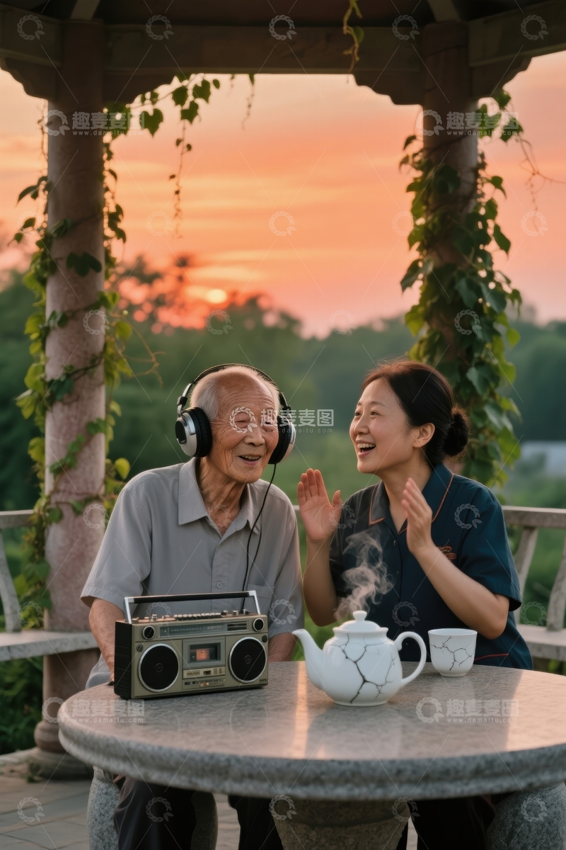 高清大图下载【趣麦麦图】夕阳下的温馨对话