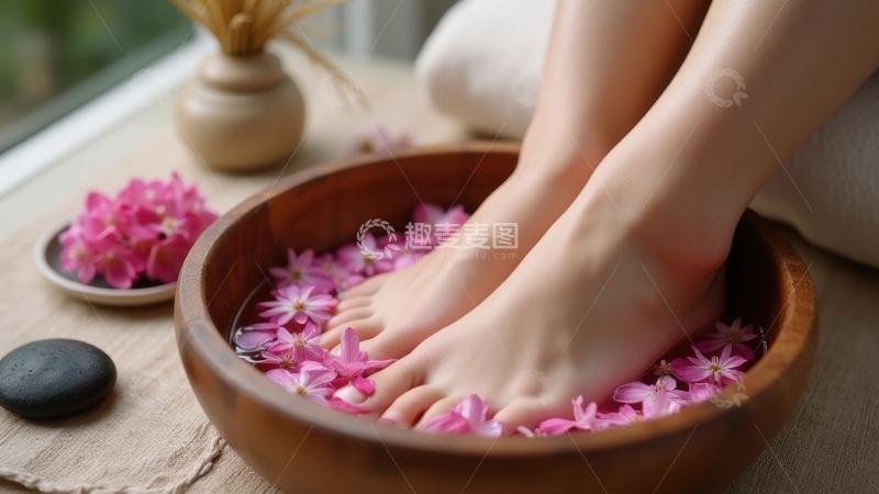 高清大图下载【趣麦麦图】雅致木盆足浴，沉浸宁静时光