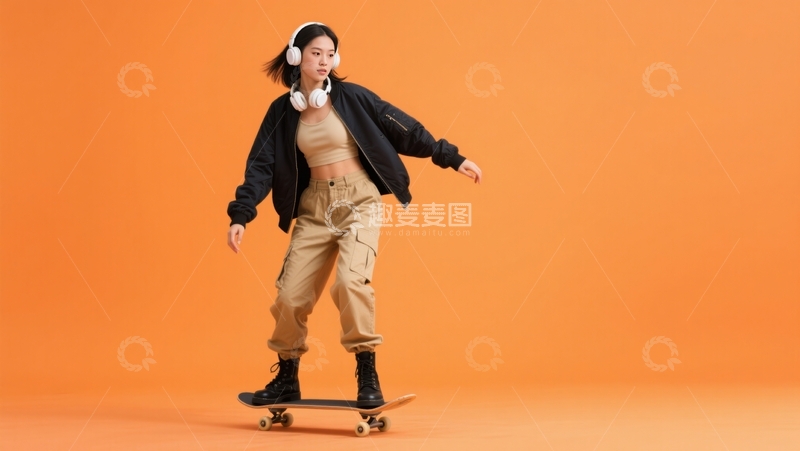 高清大图下载【趣麦麦图】橙色背景滑板英姿