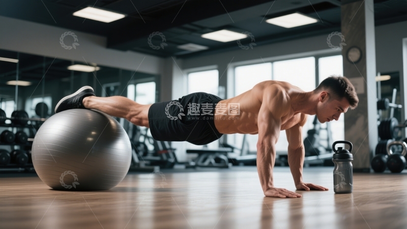 高清大图下载【趣麦麦图】核心力量训练：男性健身者球体俯卧撑