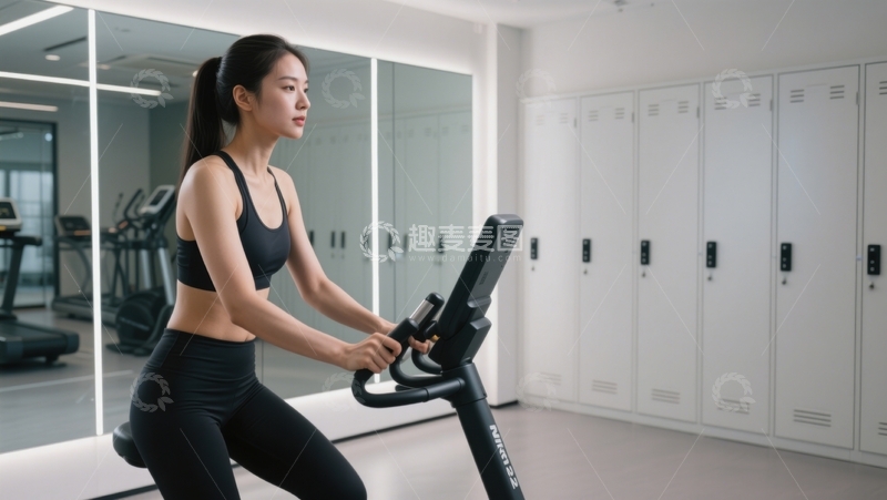 高清大图下载【趣麦麦图】健身房运动：活力十足的女性骑自行车