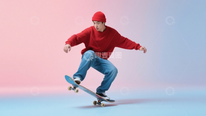 高清大图下载【趣麦麦图】粉蓝背景滑板跃起
