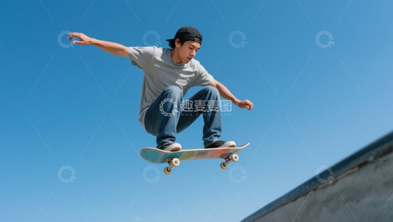 高清大图下载【趣麦麦图】晴空滑板场的飞跃