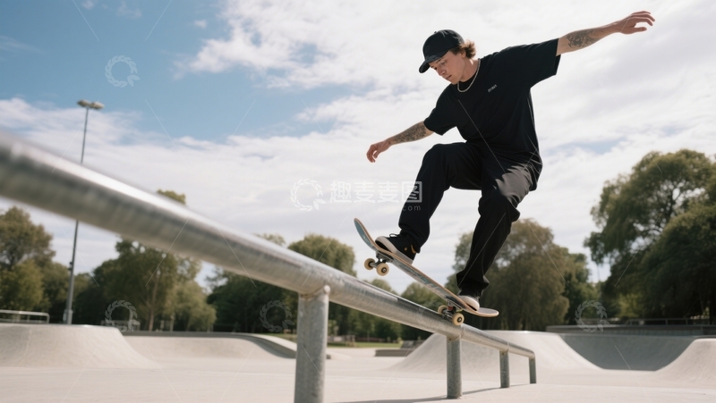 高清大图下载【趣麦麦图】滑板场黑装者滑杆