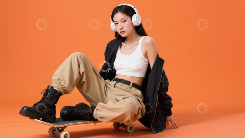 高清大图下载【趣麦麦图】橙影之中滑板小憩