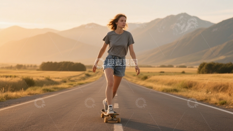 高清大图下载【趣麦麦图】大道上滑板的前行