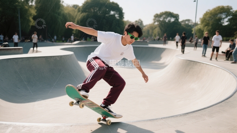 高清大图下载【趣麦麦图】滑板场青年炫技