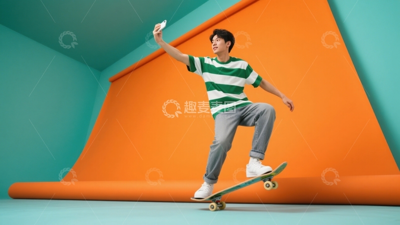 高清大图下载【趣麦麦图】蓝橙空间滑板自拍