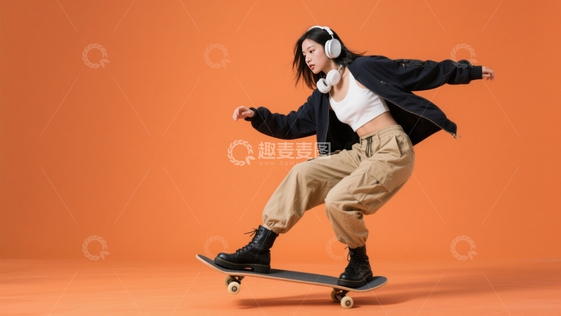 高清大图下载【趣麦麦图】橙调背景滑板律动