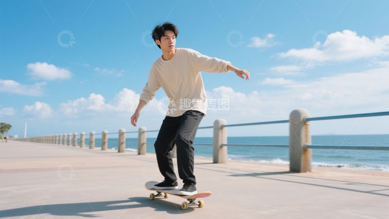 高清大图下载【趣麦麦图】海边大道滑板畅行