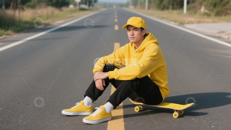 高清大图下载【趣麦麦图】公路黄衣滑板休憩