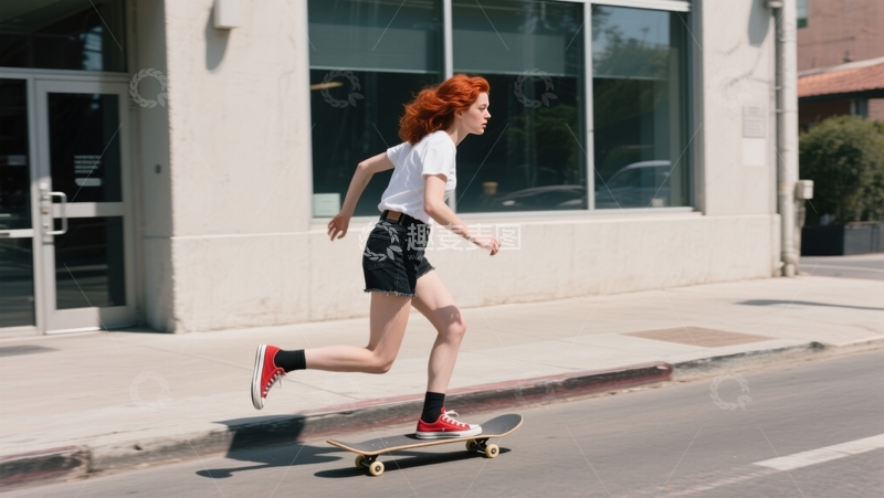 高清大图下载【趣麦麦图】街道滑板红发飞扬
