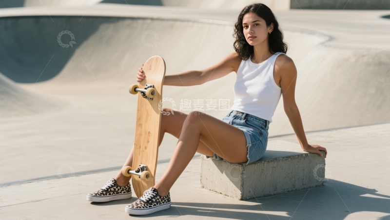 高清大图下载【趣麦麦图】滑板场少女的休憩