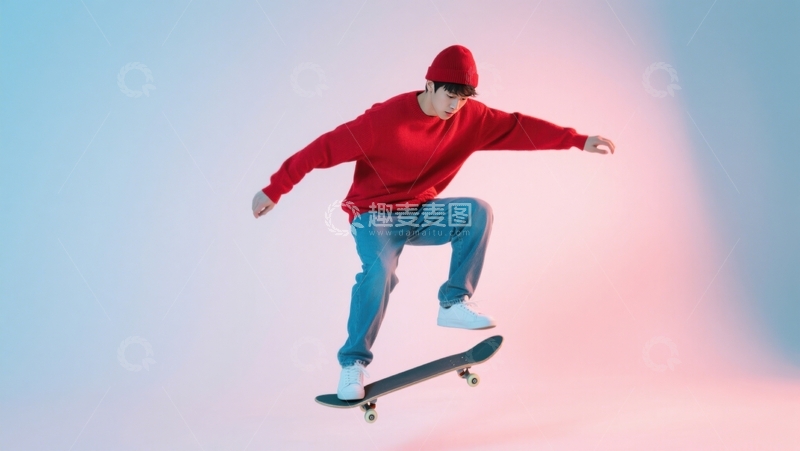 高清大图下载【趣麦麦图】粉蓝空间滑板律动