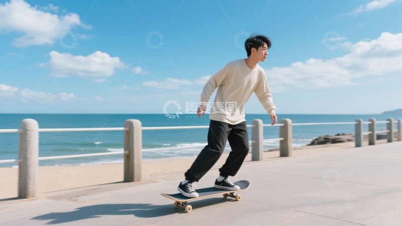 高清大图下载【趣麦麦图】海滨步道滑板逐风