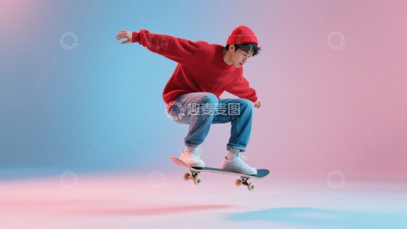 高清大图下载【趣麦麦图】粉蓝天地滑板英姿