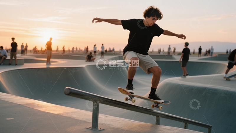 高清大图下载【趣麦麦图】落日滑板场的腾跃