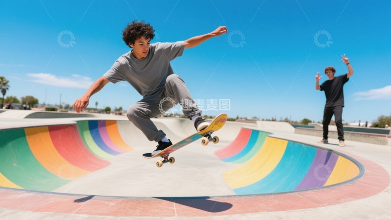 高清大图下载【趣麦麦图】彩色滑道滑板飞跃