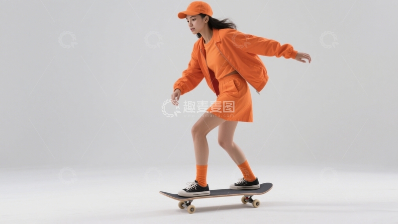 高清大图下载【趣麦麦图】橙色套装滑板滑行