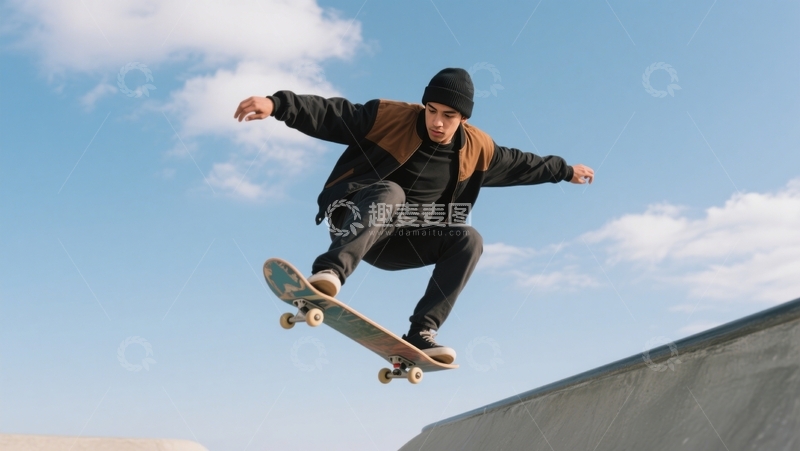 高清大图下载【趣麦麦图】黑棕装束滑板腾空