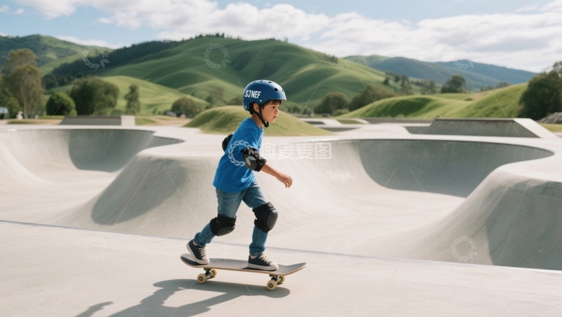 高清大图下载【趣麦麦图】蓝帽孩童滑板驰骋