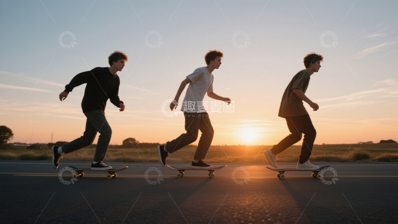 高清大图下载【趣麦麦图】夕阳公路滑板之旅