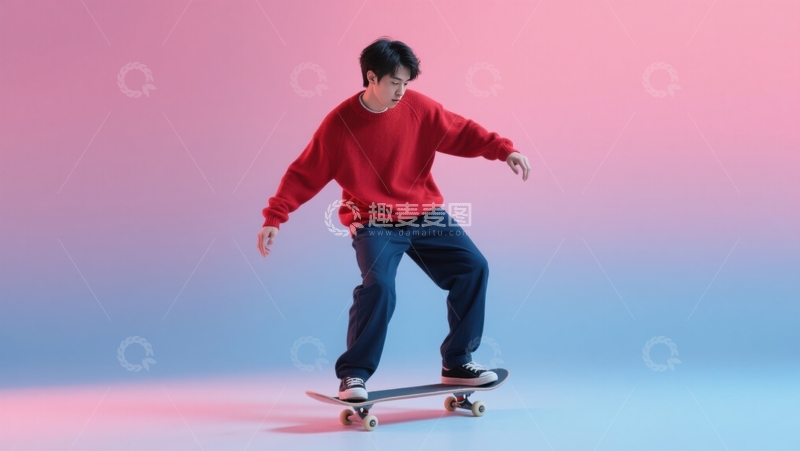 高清大图下载【趣麦麦图】红衣青年滑板特技
