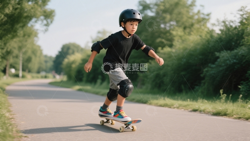高清大图下载【趣麦麦图】林间小路滑板穿梭