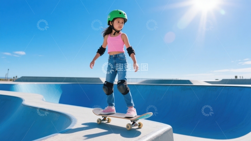高清大图下载【趣麦麦图】绿盔少女滑板初秀