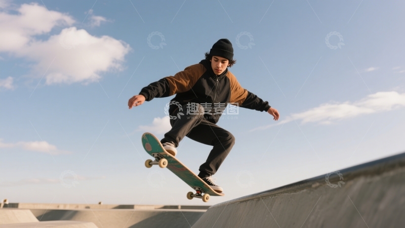 高清大图下载【趣麦麦图】黑棕衣男滑板腾空